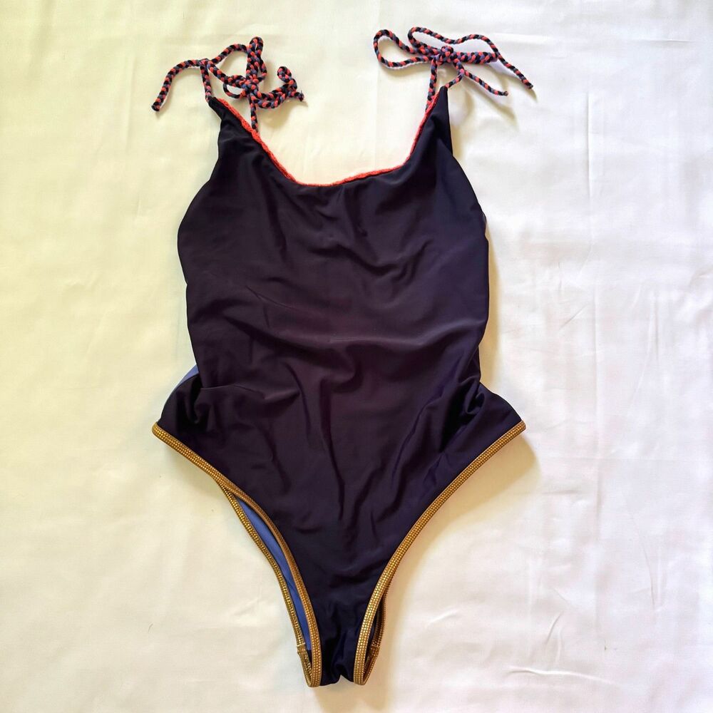 Aerie Cheeky One Piece Swimsuit Blue Gold Trim Tie Straps High Cut Size Small